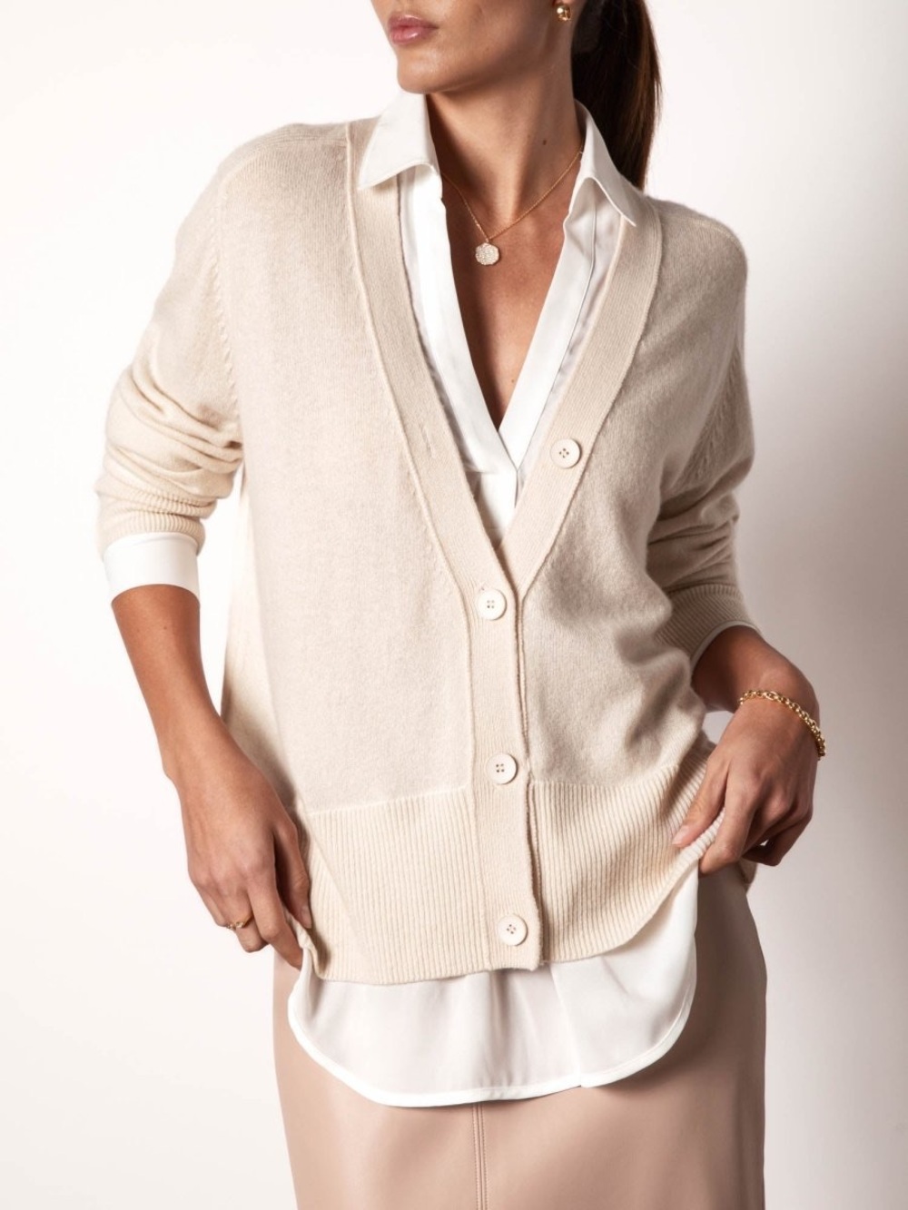 NEW Brochu Walker The Callie Layered Looker Cardigan Wool Cashmere Almond